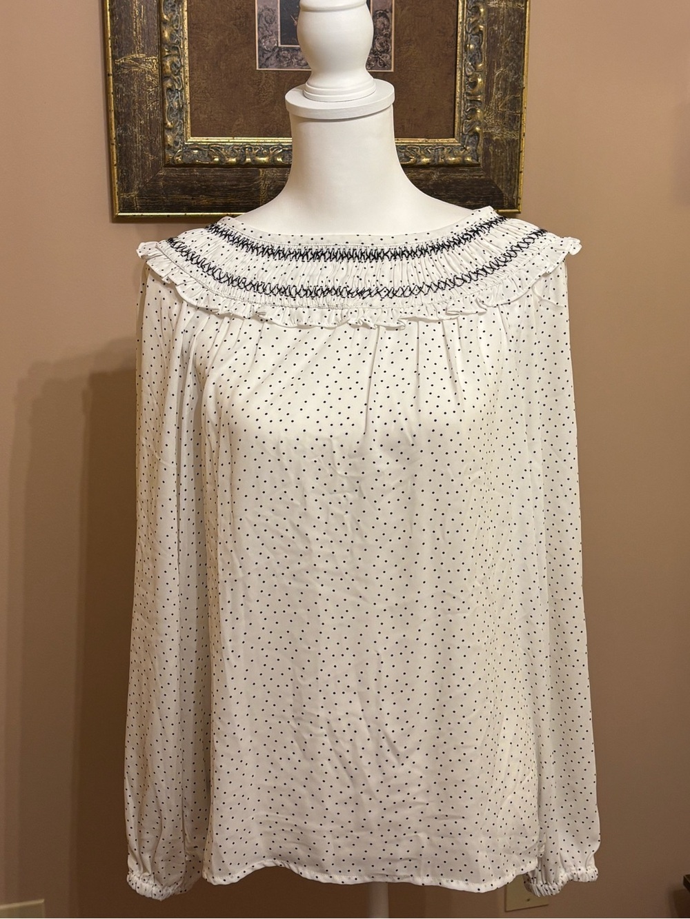 Smocked Ruffle Yoke Polka Dot Blouse - White/Black